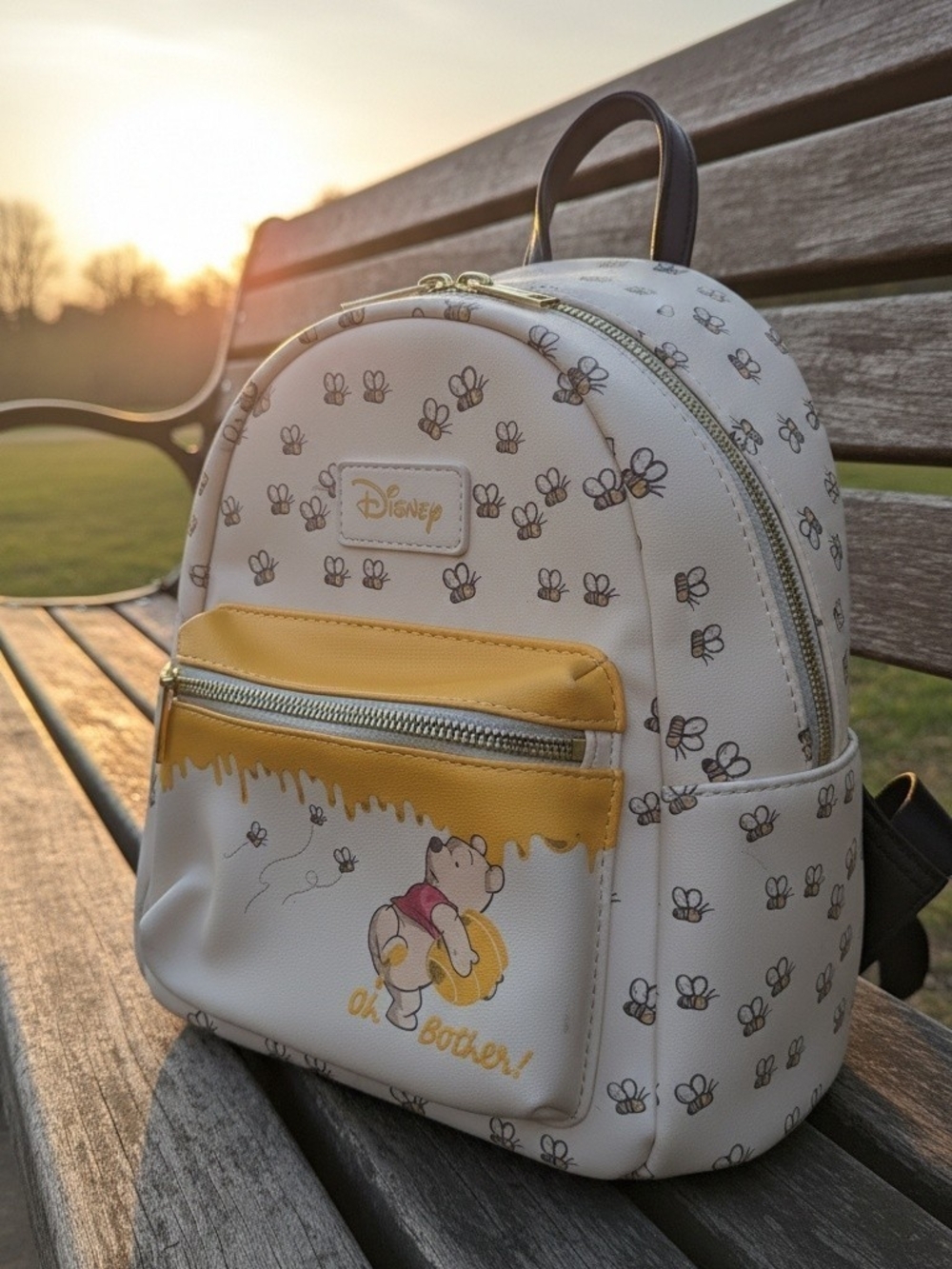 Disney Winnie the Pooh Mini Backpack "Oh Bother" Bee Print Beige Yellow Black